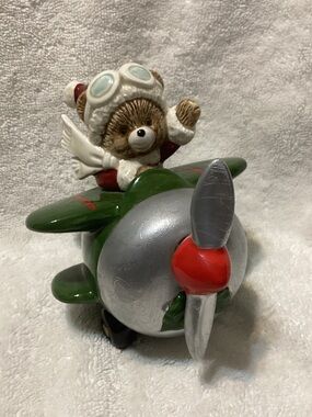 Bear Pilot Figurine in Green, Silver & Red Musical Airplane